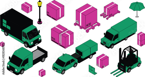 Isometric delivery trucks and cargo boxes illustration, logistics vehicles, forklift loading equipment, transportation fleet, shipping parcels, warehouse distribution elements artwork