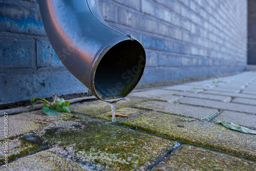 Frozen water dripping from a metal drainpipe onto an icy, mossy pavement during cold winter weather.