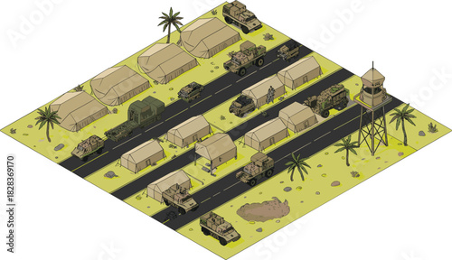 Isometric desert military base with armored vehicles, tents, and watchtower on pink terrain for game design assets
