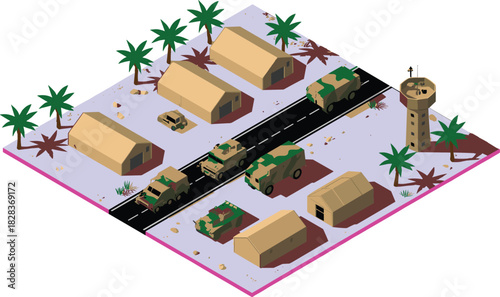 Isometric desert military base with armored vehicles, tents, and watchtower on pink terrain for game design assets