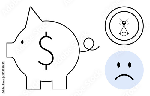 Financial insecurity. A piggy bank with a dollar sign, surveillance eye, and sad face highlight financial insecurity, privacy concerns, and emotional strain. For finance, saving, surveillance