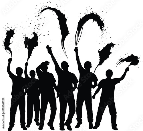 Silhouette of protesters with smoke flares raising fists in defiance and solidarity