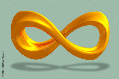 Polished golden infinity shape with shiny highlights and soft shading. A clean abstract 3D form floating above the surface, ideal for modern design, visuals, and conceptual art.