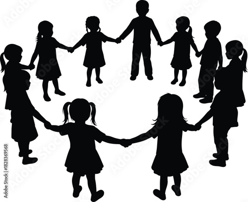 Children holding hands in a circle silhouette unity and friendship concept