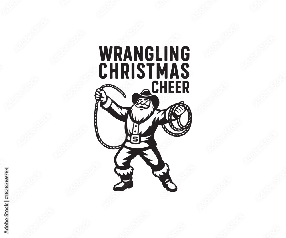 Fototapeta premium Cowboy Santa with lasso wrangling Christmas cheer illustration