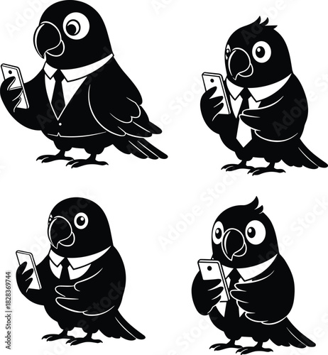 Cartoon business birds in suits using smartphones, funny anthropomorphic animal characters, modern office lifestyle illustration, humorous technology mascot design for branding