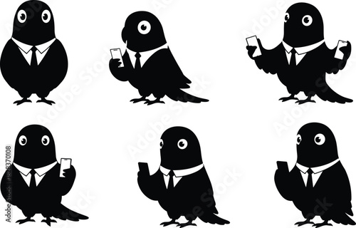 Cartoon bird silhouette in business suit using smartphone, funny anthropomorphic animal character illustration, modern technology lifestyle concept, humorous professional mascot design