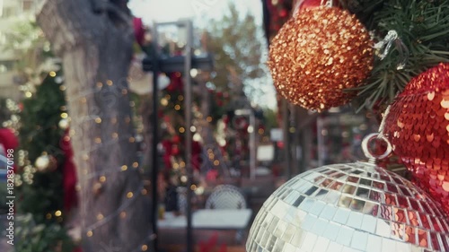 Christmas Decoration Ornaments in Outdoor and the Blurry People