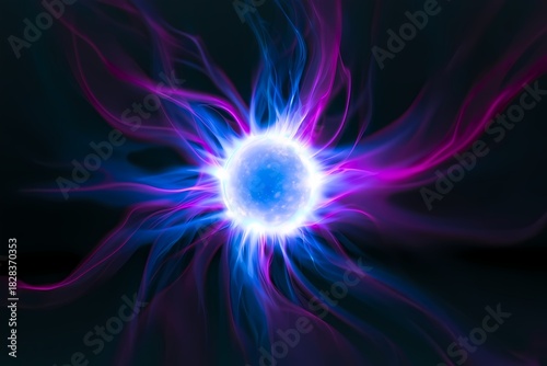 Energy ball with glowing plasma waves, abstract power core, electric field discharge, vibrant blue and magenta science background