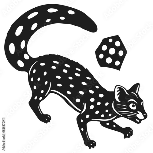Stylized black silhouette of a spotted civet cat in a stalking pose with a hexagonal patterned object nearby