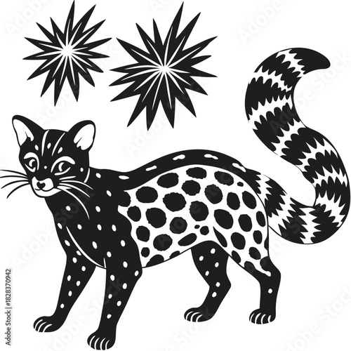 Stylized graphic illustration of a spotted civet cat with a bushy tail and two starburst shapes against a black background