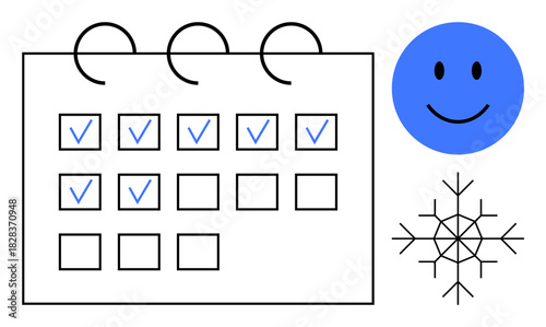 Calendar concept. A minimalist calendar with checkmarks completed tasks, alongside a happy face and snowflake icon. Calendar used for task management, planning, and seasonal . Suitable