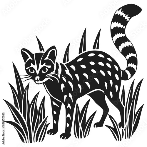 Stylized spotted genet cat with a ringed tail standing in tall grass in a dark silhouette