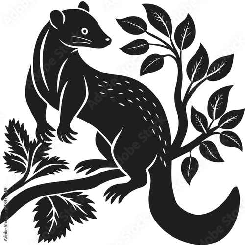 Stylized dark grey silhouette of a mongoose perched on a tree branch with leaves against a black background
