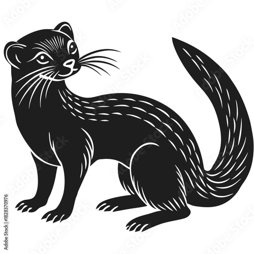 Stylized black silhouette of a curious ferret or weasel with a long bushy tail on a black background