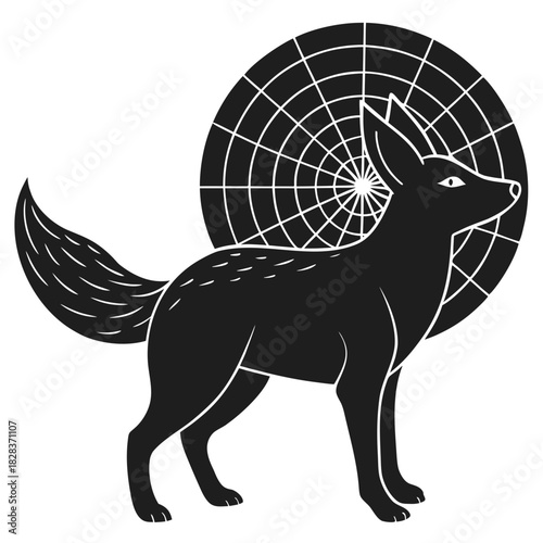 Stylized black fox silhouetted against a circular abstract pattern resembling a spider web or target
