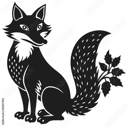 Stylized silhouette of a sitting fox with a bushy tail adorned with leaves on a black background