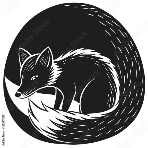 Stylized dark grey fox curled up sleeping in a circular shape on a black background