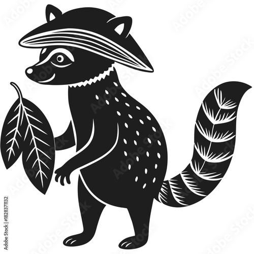 Stylized black silhouette of a raccoon wearing a hat and holding leaves against a black background