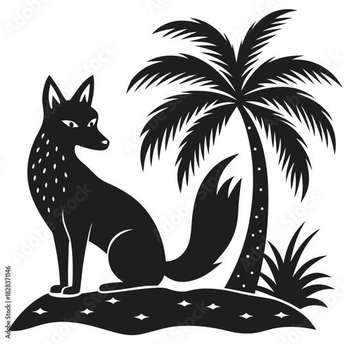 Stylized silhouette of a fox sitting on a sandy dune next to a palm tree against a black background