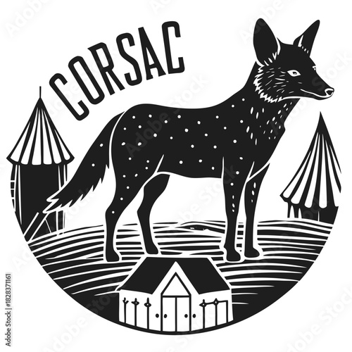 Stylized corsac fox standing on a small house with circus tents in the background in a circular emblem