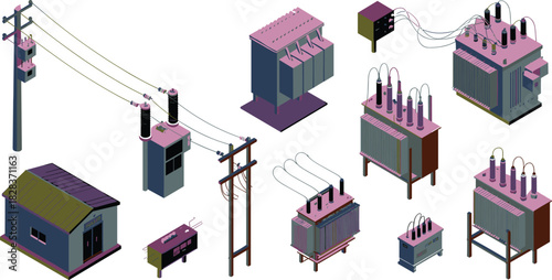 Isometric electrical substation equipment, power transformers, utility poles, distribution units, energy infrastructure illustration for engineering, smart grid systems, industrial electricity design