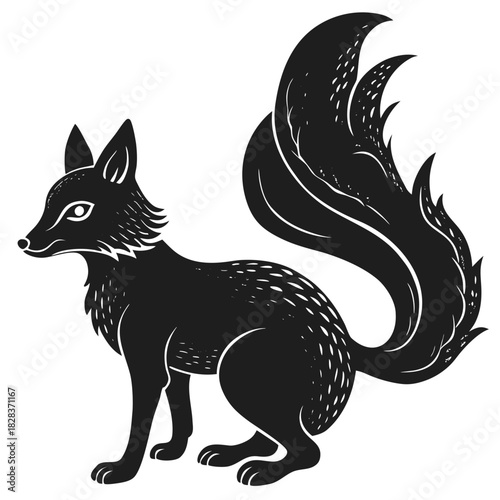 Stylized black silhouette of a fox with a large bushy tail and textured fur against a black background