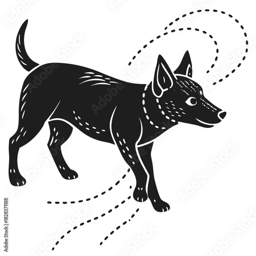 Stylized black dog illustration with dotted lines indicating movement and playful energy on a black background