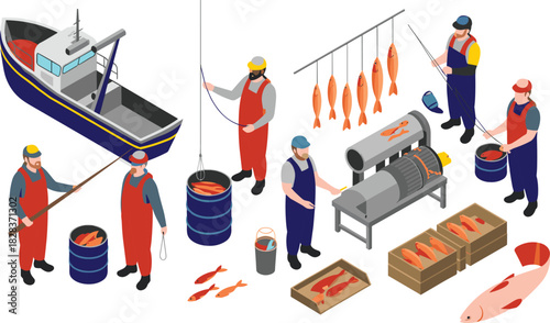Isometric fishing industry illustration, fishermen working on boat, catching fish, processing seafood, packing fish barrels, commercial fishing workflow scene