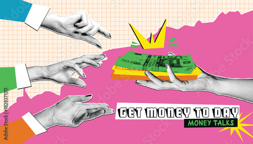 Contemporary Art Collage featuring Vintage Hands Reaching for a Stack of Money with Pop Art Elements.