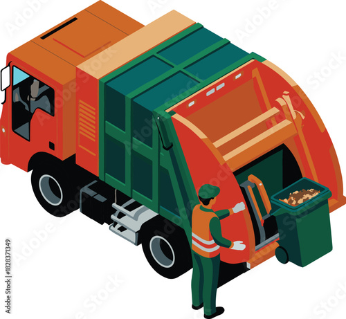 Isometric garbage truck collecting waste bin with sanitation worker, modern waste management vehicle illustration, recycling concept, urban cleaning service scene