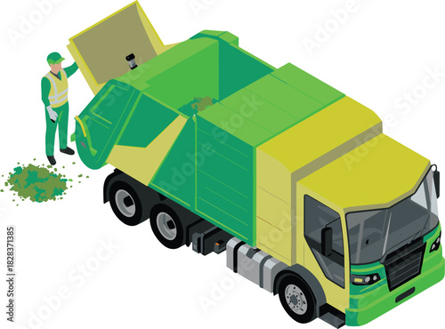 Isometric garbage truck collecting waste bin with sanitation worker, modern waste management vehicle illustration, recycling concept, urban cleaning service scene