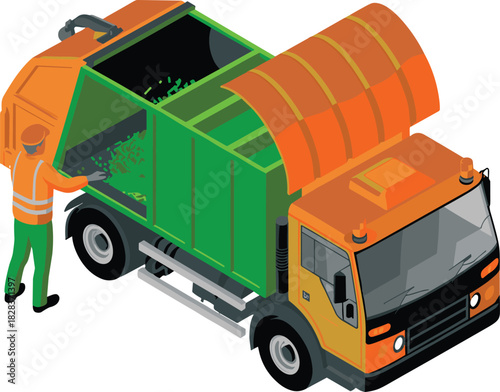Isometric garbage truck collecting waste bin with sanitation worker, modern waste management vehicle illustration, recycling concept, urban cleaning service scene