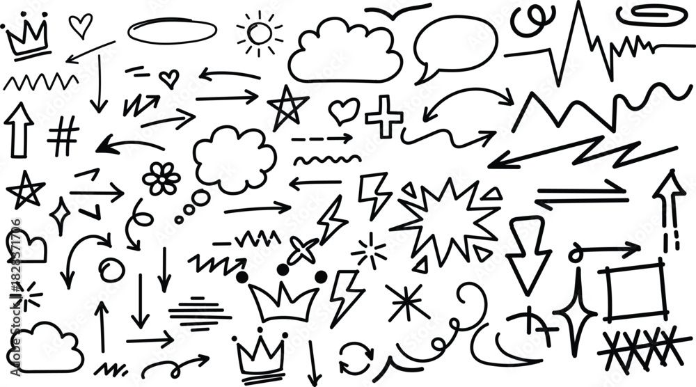 Obraz premium Hand drawn doodle elements collection arrows hearts stars and more in black and white
