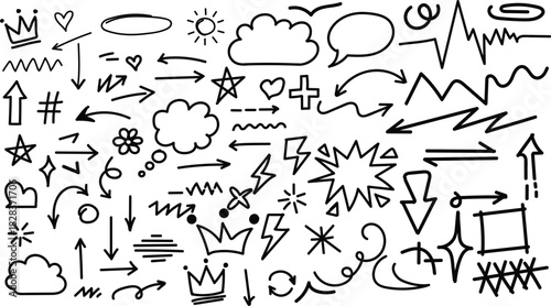Hand drawn doodle elements collection arrows hearts stars and more in black and white