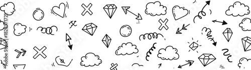 Hand drawn symbols and arrows in black and white for design elements