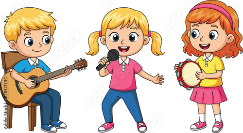 Cartoon illustration of three happy children performing music together, guitar player, singer with microphone, tambourine child, joyful childhood creative collaboration