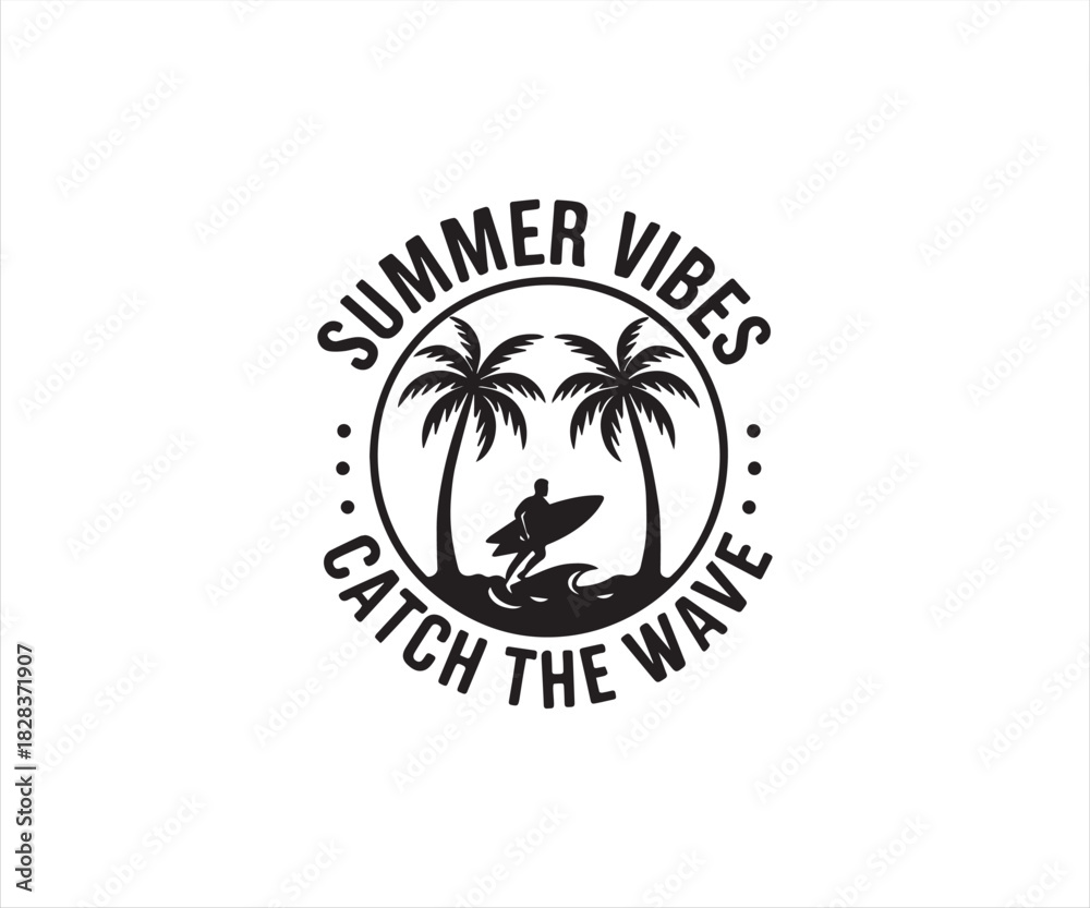 Fototapeta premium Surfer with Palm Trees and Summer Vibes Catch the Wave Illustration