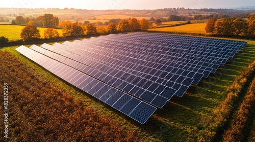Aerial view of solar panels in a field during the autumn season in the United Kingdom