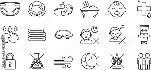 Baby care icons set, diaper, cotton, sleeping baby, bath, drooling baby, healthcare, water cycle, sleep mask, chemical free, skin protection