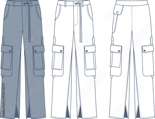 Technical flat drawing fashion illustration of wide leg cargo pants with cuff split, functional drawstring, bellow pockets, and snap closure details CAD vector