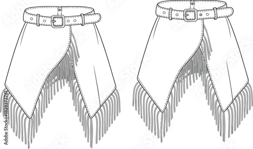 Technical flat drawing fashion illustration of fringed leather mini skirt or cowboy chaps overlay with asymmetric hem and wide buckle belt CAD vector template