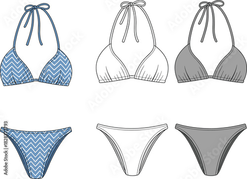 Technical flat drawing fashion illustration of high-cut string bikini set with chevron print, adjustable halter top, and matching cheeky bottom CAD vector template