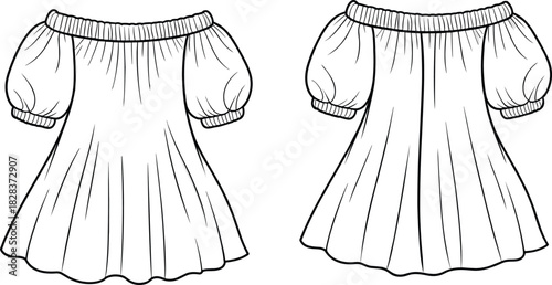 Technical flat drawing fashion illustration of elasticized off-the-shoulder blouse with voluminous gathered puff sleeves and swing A-line body CAD vector file