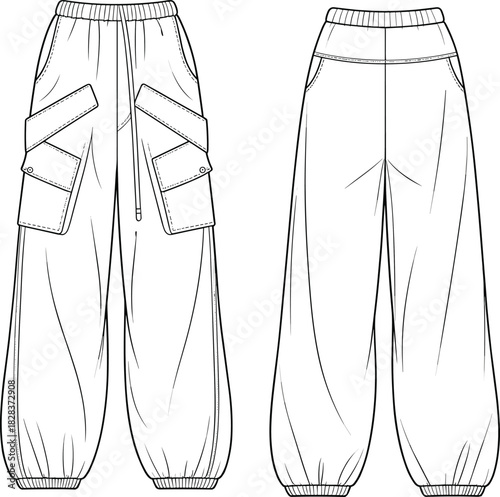 Technical flat drawing fashion illustration of voluminous cargo pants with elastic waist, drawstring, slanted flap pockets, and gathered cuffs, ready for CAD vector file
