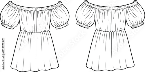 Technical flat drawing fashion illustration of off-the-shoulder mini dress with puff sleeves, elastic gathered waistline, and flared skirt, ready for CAD vector file