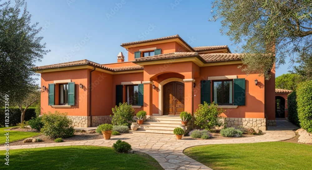 Fototapeta premium Beautiful Mediterranean house with orange facade and green shutters