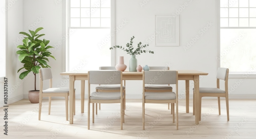 Fototapeta premium Bright minimalist dining room with wooden table and modern chairs