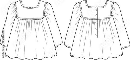 Baby girl dress flat sketch with frill details and back button closure – long sleeve kidswear technical fashion illustration