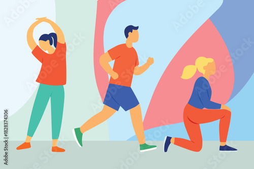 Diverse group of people exercising running stretching and doing lunges health and fitness concept.